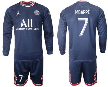 2021-22 Paris Saint-Germain Heim Langarm mit Aufdruck Mbappe 7 + Kurze Hosen dunkelblau