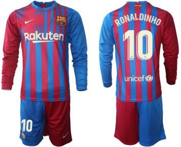 Barcelona Ronaldinho 10 Heimtrikot 21-22 Fußball Trikot Kit Set Langarm + Kurze Hosen