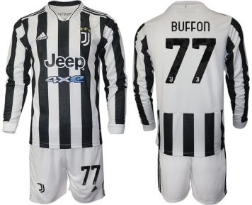 Buffon 77# Juventus Heimtrikot 2021-22 Weiss Langarm + Kurze Hosen