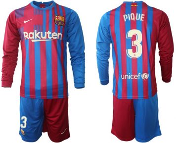 FC Barcelona 2021-22 Herren Heimtrikot Langarm mit Aufdruck PIQUE 3 + Kurze Hosen