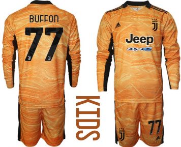Fantrikots Juventus Kinder Torwart Trikot 2021-22 Langarm Orange Buffon 77# Trikotsatz