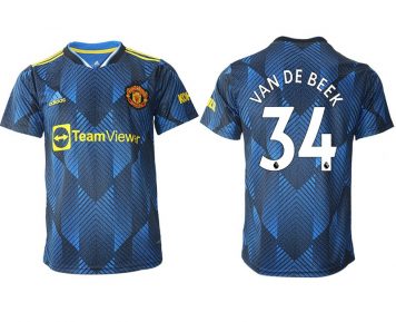 Herren Manchester United 21/22 Ausweichtrikot blau Kurzarm mit Aufdruck VAN DE BEEK 34