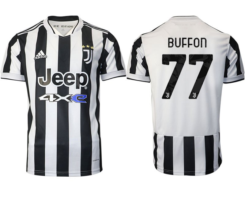 Juventus Turin Heimtrikot 2021/22 Kurzarm Weiss/Schwarz mit Aufdruck Buffon 77