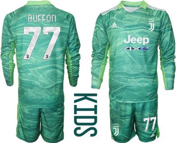 Juventus Turin Kinder Torwart Trikotsatz 2021-22 mit Aufdruck Buffon 77# Langarm Grün