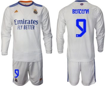 Real Madrid Heimtrikot 2021/22 weiß Langarm Trikotsatz mit Aufdruck Benzema 9