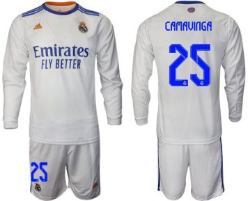Real Madrid Heimtrikot 2021/22 weiß Langarm Trikotsatz mit Aufdruck Camavinga 25
