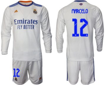 Real Madrid Heimtrikot 2021/22 weiß Langarm Trikotsatz mit Aufdruck Marcelo 12