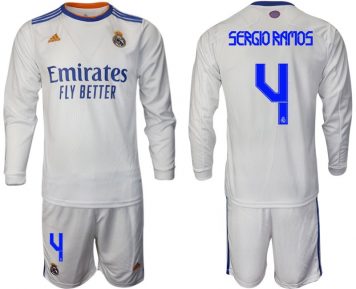 Real Madrid Heimtrikot 2021/22 weiß Langarm Trikotsatz mit Aufdruck Sergio Ramos 4