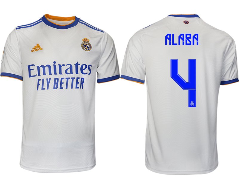 Real Madrid Heimtrikot 2021-22 weiß blau mit Aufdruck Alaba 4
