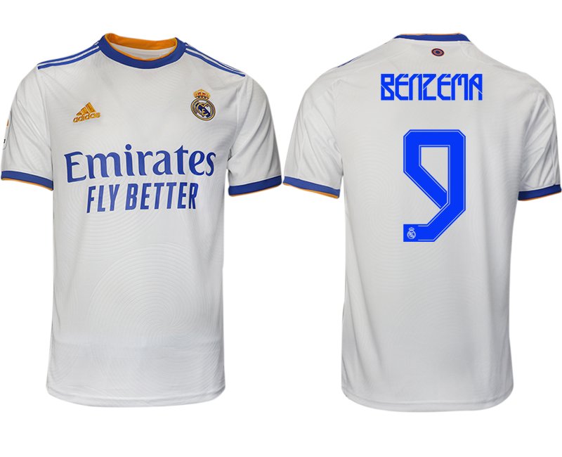 Real Madrid Heimtrikot 2021-22 weiß blau mit Aufdruck Benzema 9