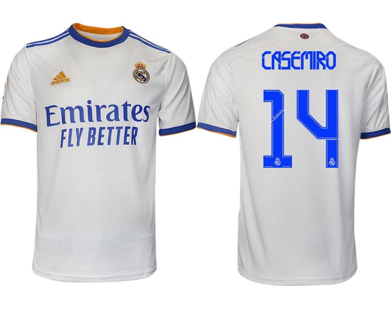 Real Madrid Heimtrikot 2021-22 weiß blau mit Aufdruck Casemiro 14