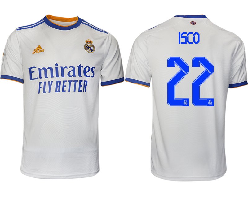Real Madrid Heimtrikot 2021-22 weiß blau mit Aufdruck ISCO 22