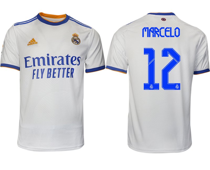 Real Madrid Heimtrikot 2021-22 weiß blau mit Aufdruck Marcelo 12