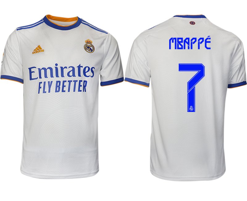 Real Madrid Heimtrikot 2021-22 weiß blau mit Aufdruck Mbappé 7
