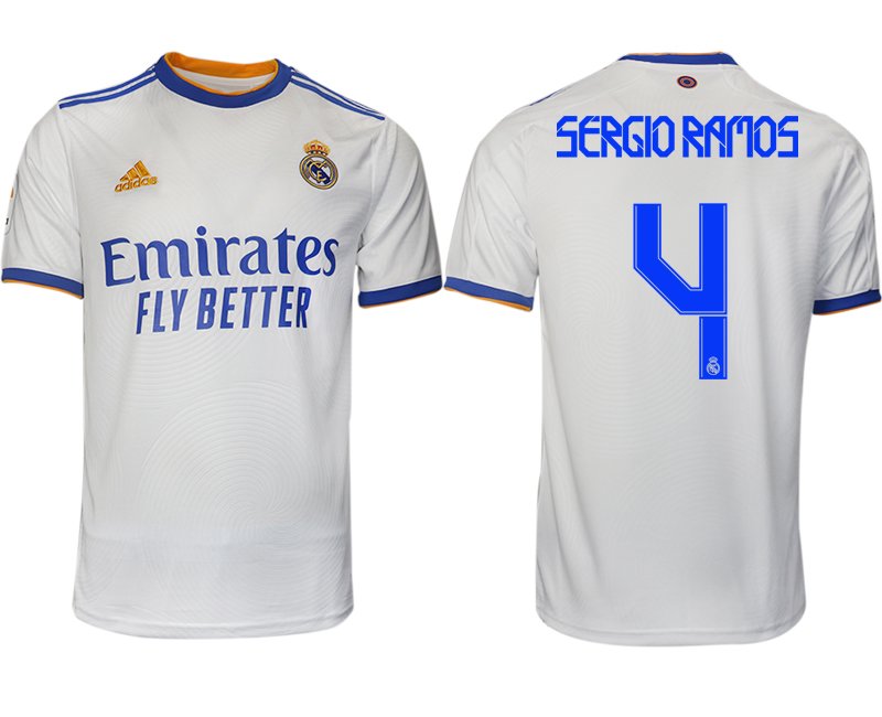 Real Madrid Heimtrikot 2021-22 weiß blau mit Aufdruck Sergio Ramos 4