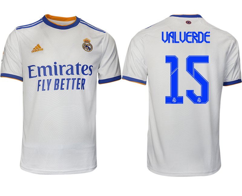 Real Madrid Heimtrikot 2021-22 weiß blau mit Aufdruck Valverde 15