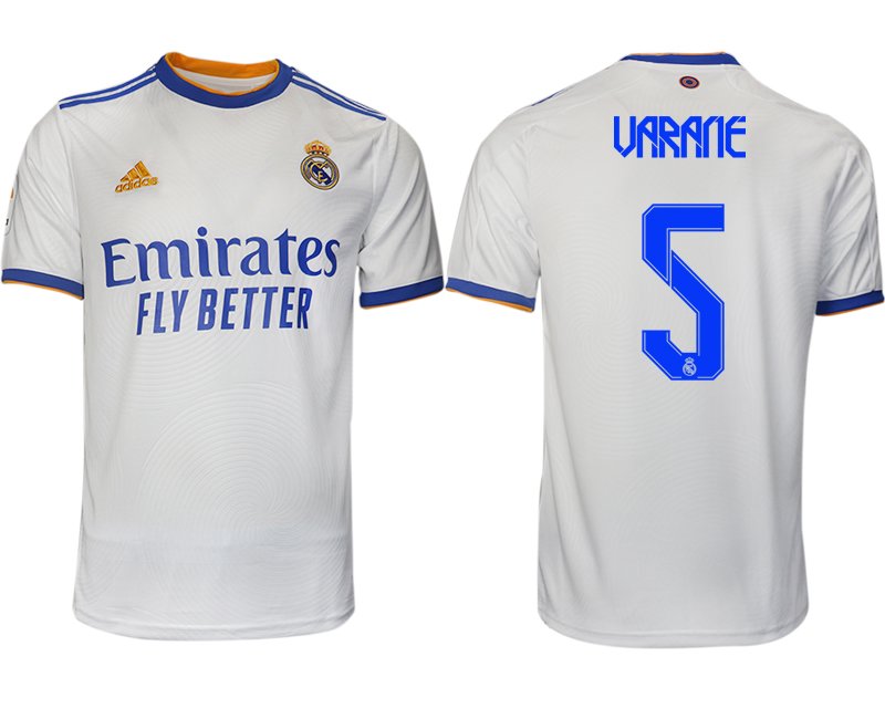 Real Madrid Heimtrikot 2021-22 weiß blau mit Aufdruck Varane 5