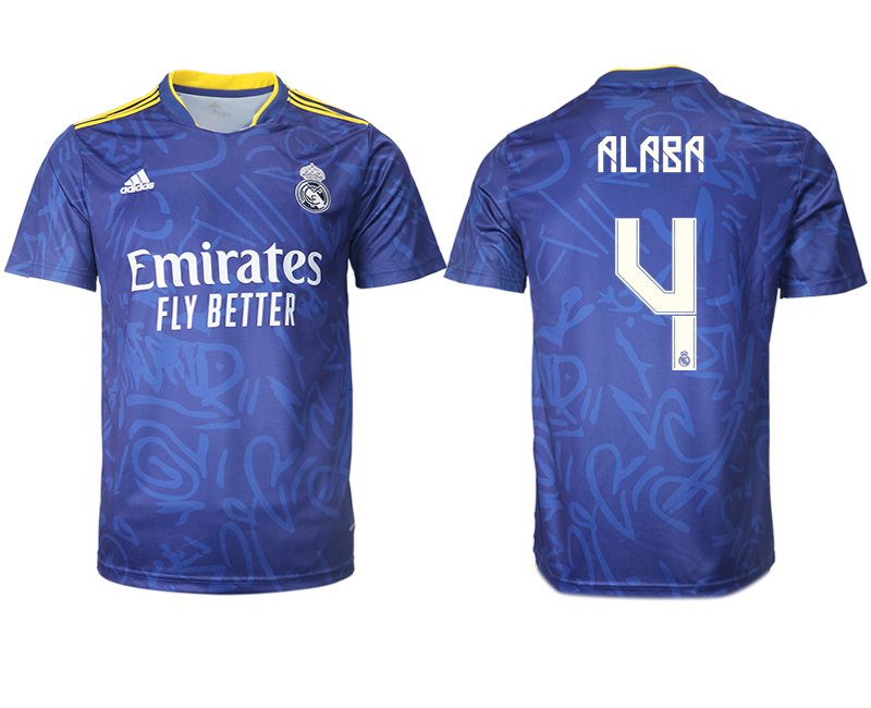 Real Madrid Herren Auswärtstrikot 2021-22 blau/weiß mit Aufdruck Alaba 4