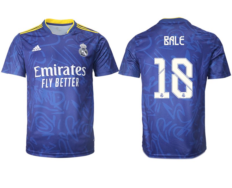 Real Madrid Herren Auswärtstrikot 2021-22 blau/weiß mit Aufdruck Bale 18