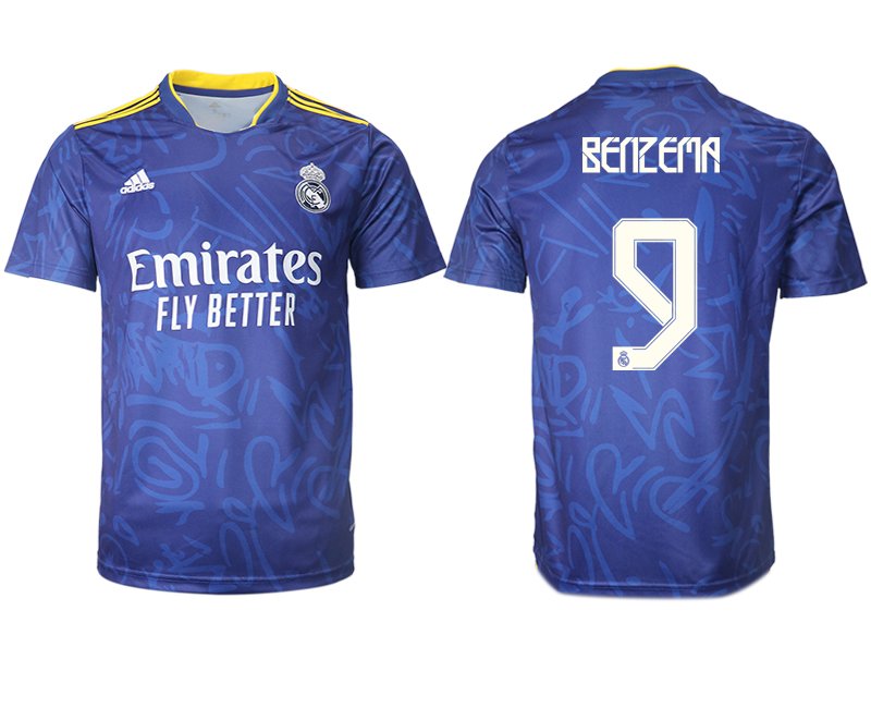 Real Madrid Herren Auswärtstrikot 2021-22 blau/weiß mit Aufdruck Benzema 9