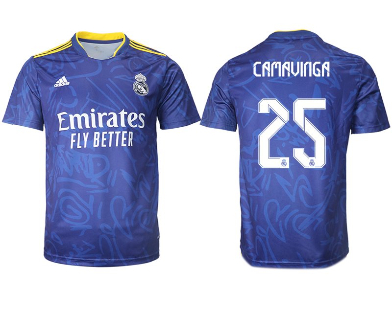 Real Madrid Herren Auswärtstrikot 2021-22 blau/weiß mit Aufdruck Camavinga 25