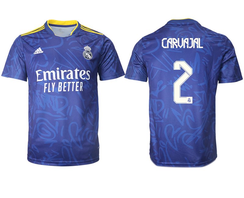 Real Madrid Herren Auswärtstrikot 2021-22 blau/weiß mit Aufdruck Carvajal 2