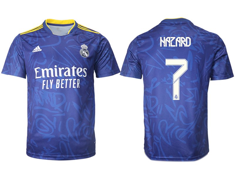Real Madrid Herren Auswärtstrikot 2021-22 blau/weiß mit Aufdruck Hazard 7