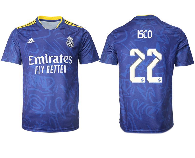 Real Madrid Herren Auswärtstrikot 2021-22 blau/weiß mit Aufdruck ISCO 22