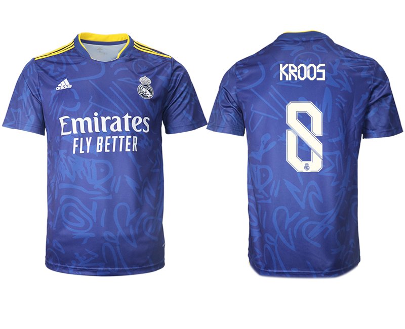 Real Madrid Herren Auswärtstrikot 2021-22 blau/weiß mit Aufdruck Kroos 8
