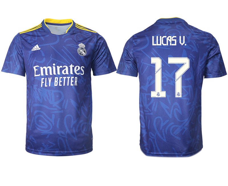 Real Madrid Herren Auswärtstrikot 2021-22 blau/weiß mit Aufdruck Lucas V. 17