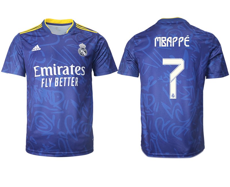 Real Madrid Herren Auswärtstrikot 2021-22 blau/weiß mit Aufdruck Mbappé 7
