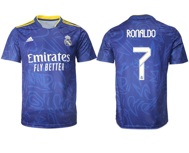 Real Madrid Herren Auswärtstrikot 2021-22 blau/weiß mit Aufdruck Ronaldo 7