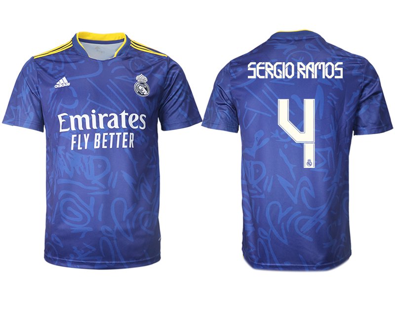 Real Madrid Herren Auswärtstrikot 2021-22 blau/weiß mit Aufdruck Sergio Ramos 4