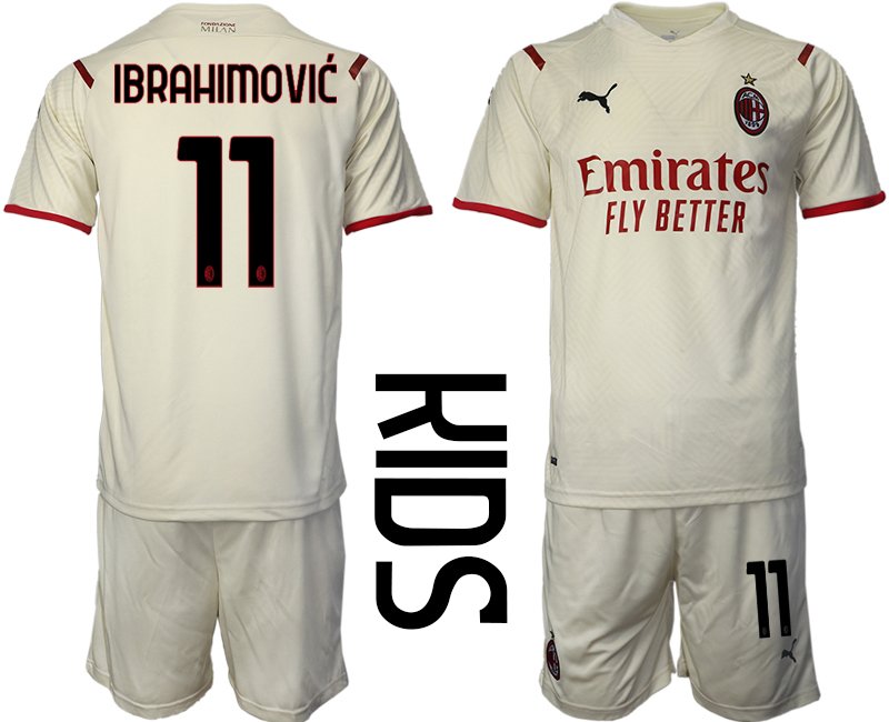 AC Mailand Auswärtstrikot 2021/22 Beige Rot für Kinder mit Aufdruck Ibrahimović 11