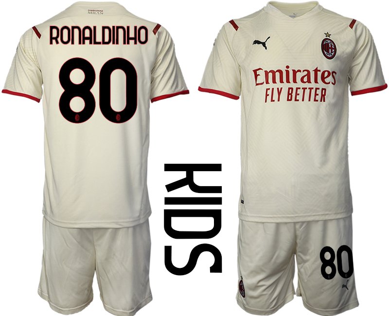 AC Mailand Auswärtstrikot 2021/22 Beige Rot für Kinder mit Aufdruck Ronaldinho 80