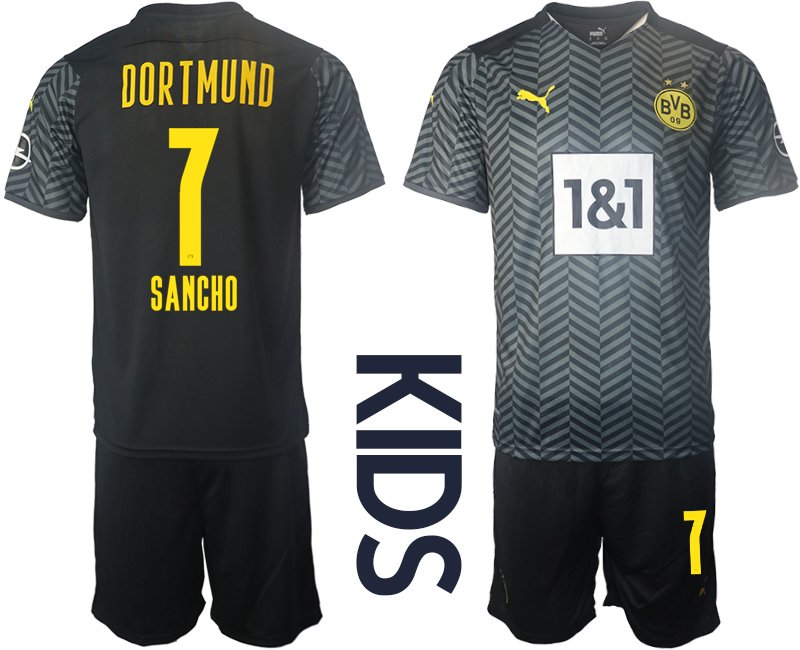 Borussia Dortmund BVB Auswärtstrikot 2021/22 für Kinder mit Aufdruck Sancho 7