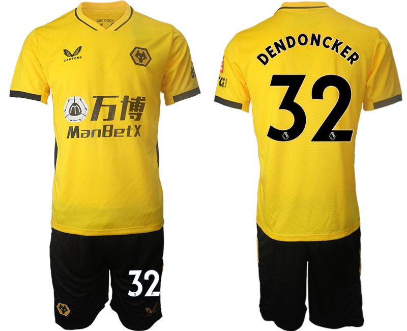 Castore Wolves Heimtrikot Gelb 2021/22 Kurzarm + Kurze Hosen mit Aufdruck DENDONCKER 32