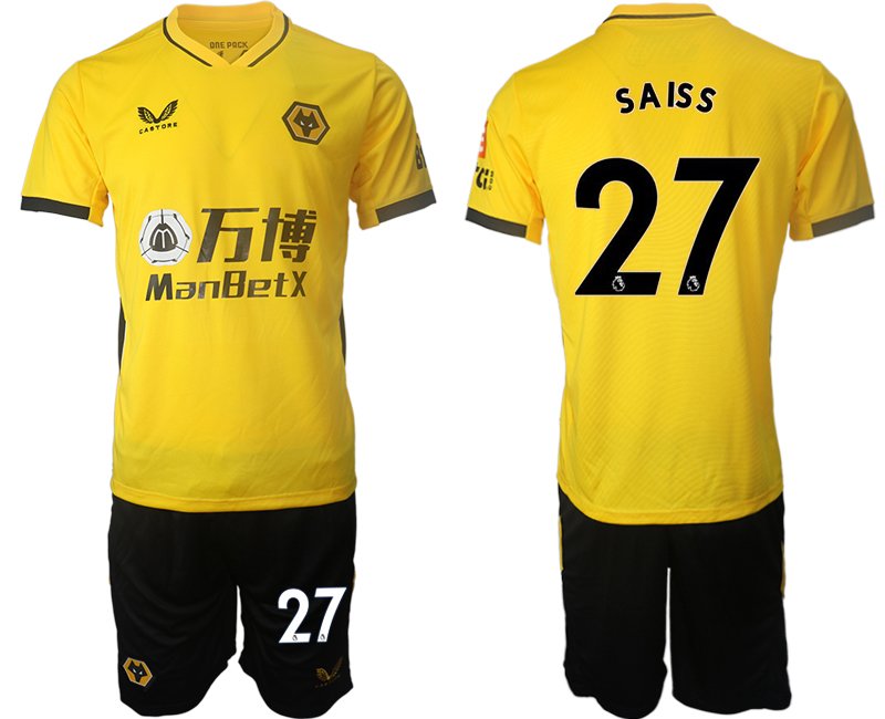 Castore Wolves Heimtrikot Gelb 2021/22 Kurzarm + Kurze Hosen mit Aufdruck SAISS 27