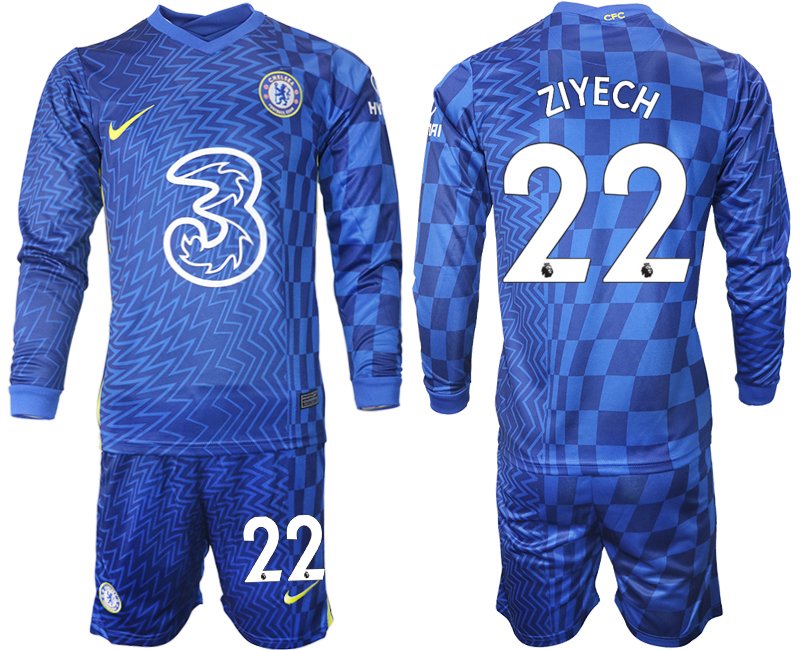 Chelsea FC Heimtrikot 2021/22 Lange Ärmel Trikotsatz in blau mit Aufdruck Ziyech 22