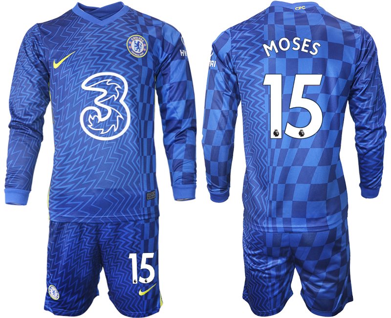 Chelsea FC Heimtrikot 2021/22 blau Langarm + Kurze Hosen mit Aufdruck Moses 15