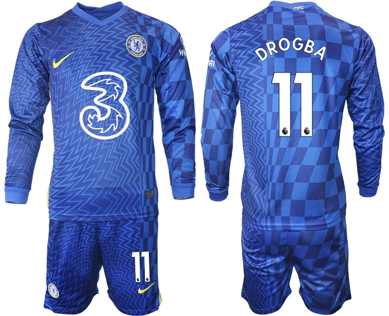 Chelsea FC Heimtrikot 2021/22 mit Aufdruck Drogba 11 blau Langarm + Kurze Hosen