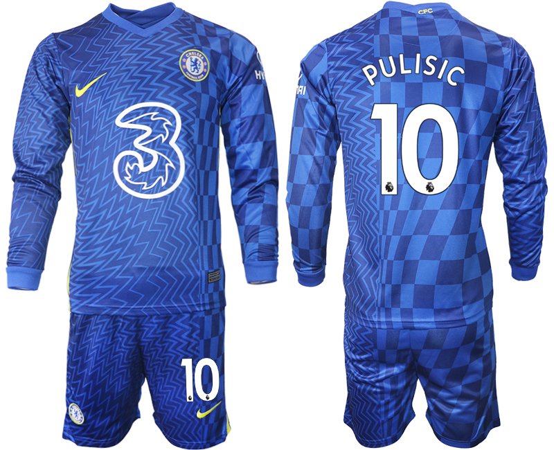 Chelsea FC Heimtrikot 2021-22 mit Aufdruck Pulisic 10 blau Langarm + Kurze Hosen