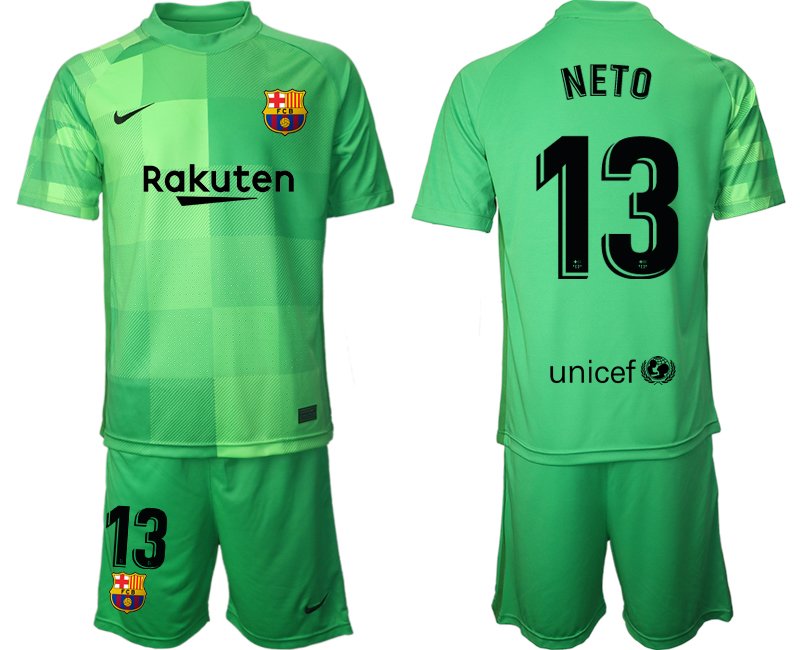 Fußball Trikotsatz FC Barcelona Torwarttrikot 2021/2022 Grün mit Aufdruck NETO 13