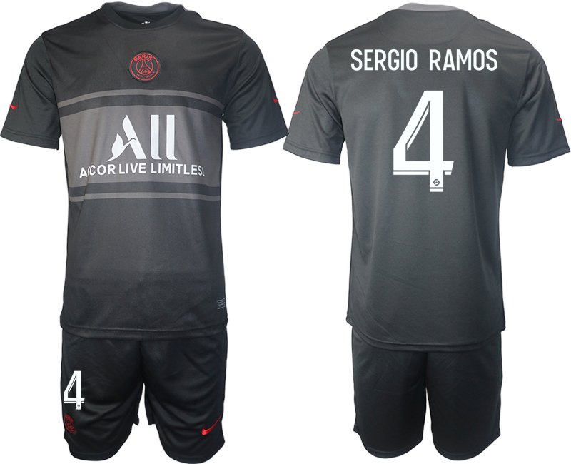 Fußball Trikotsatz PSG Ausweichtrikot 2021/2022 schwarz/grau mit Aufdruck Sergio Ramos 4