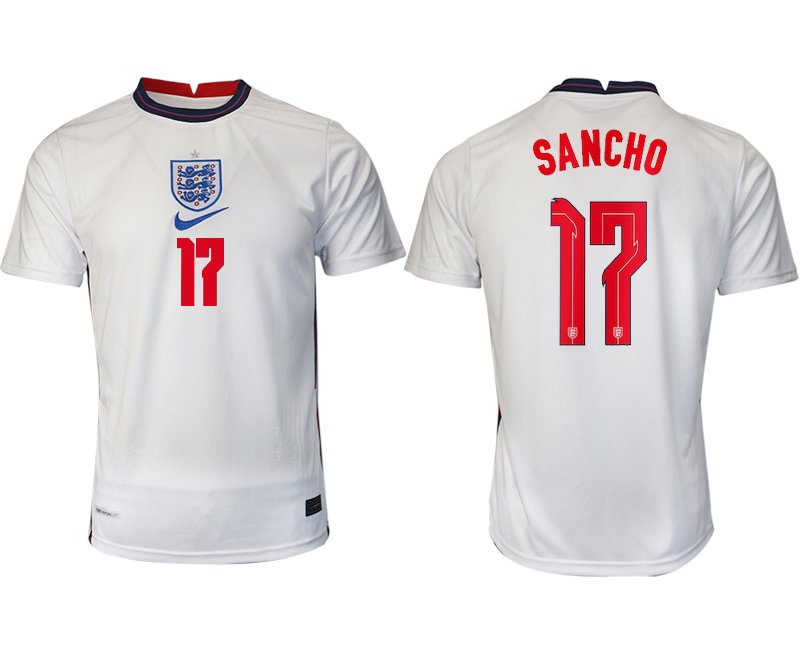 Fußballtrikot Kurzarm England Heimtrikot EM 2020 weiß/blau mit Aufdruck SANCHO 17