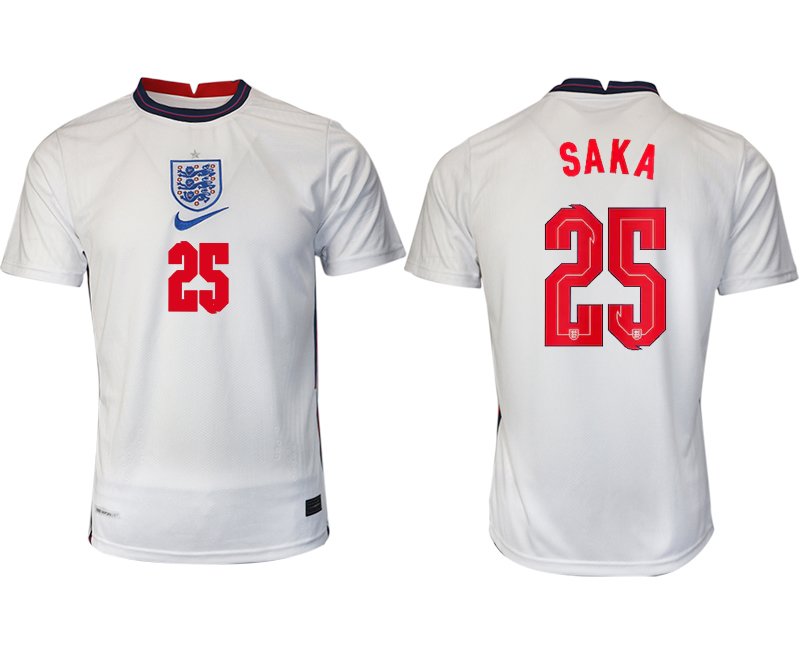 Günstige Fußballtrikots England Heimtrikot EM 2020 weiß/blau mit Aufdruck SAKA 25