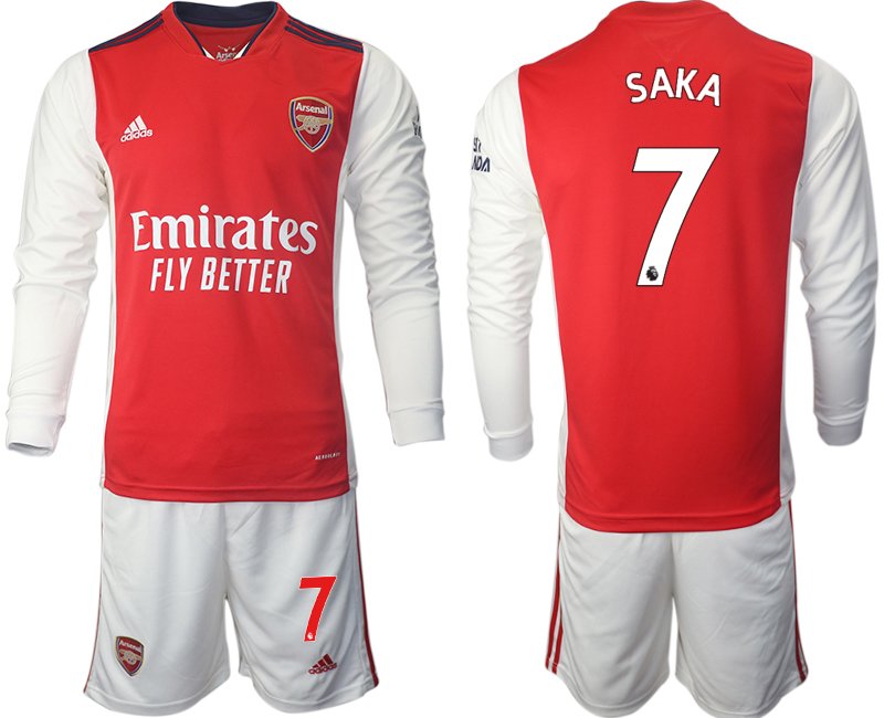 Home Shirt Arsenal Fußball Trikot 2021-22 Lange Ärmel rot mit Aufdruck Saka 7