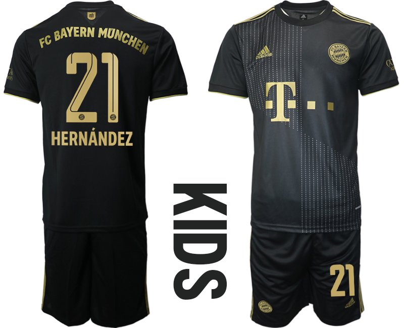 Kinder FC Bayern München Away Trikot 2021/22 Schwarz mit Aufdruck Hernandez 21