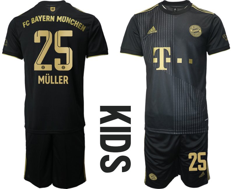 Kinder FC Bayern München Away Trikot 2021/22 Schwarz mit Aufdruck Müller 25