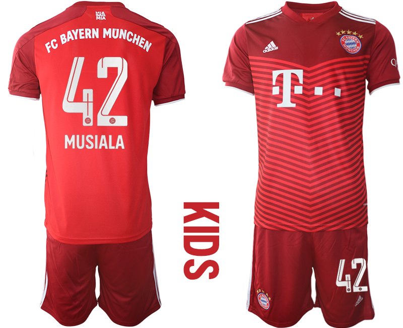 Kinder Trikotsatz FC Bayern München Heimtrikot rot 2021/2022 mit Aufdruck Musiala 42